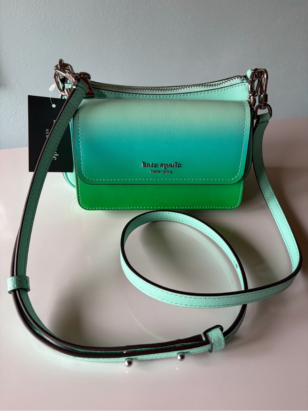 NWT Kate Spade New York Double Up Saffiano Leather Crossbody Ombré  Mint Liqueur